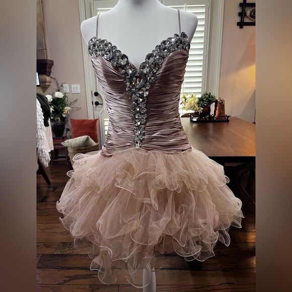 Sherri Hill Beaded Tulle Mini Dress Nude Taupe Rhinestone Corset Size 8 Glam - Picture 11 of 16